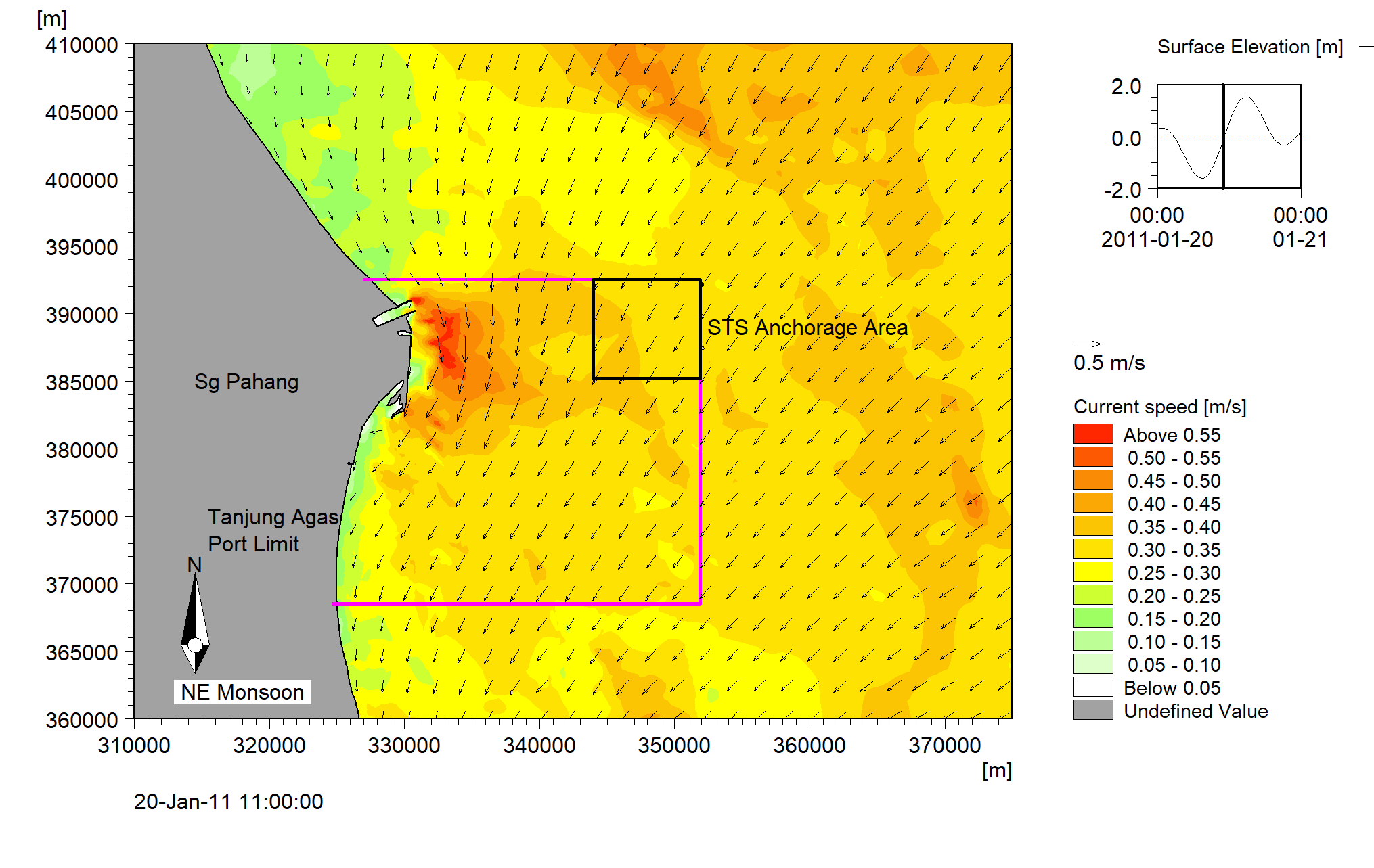 Figure 5.6_01 Tanjung Agas Snapshot of predicted current flow conditions during SW monsoon