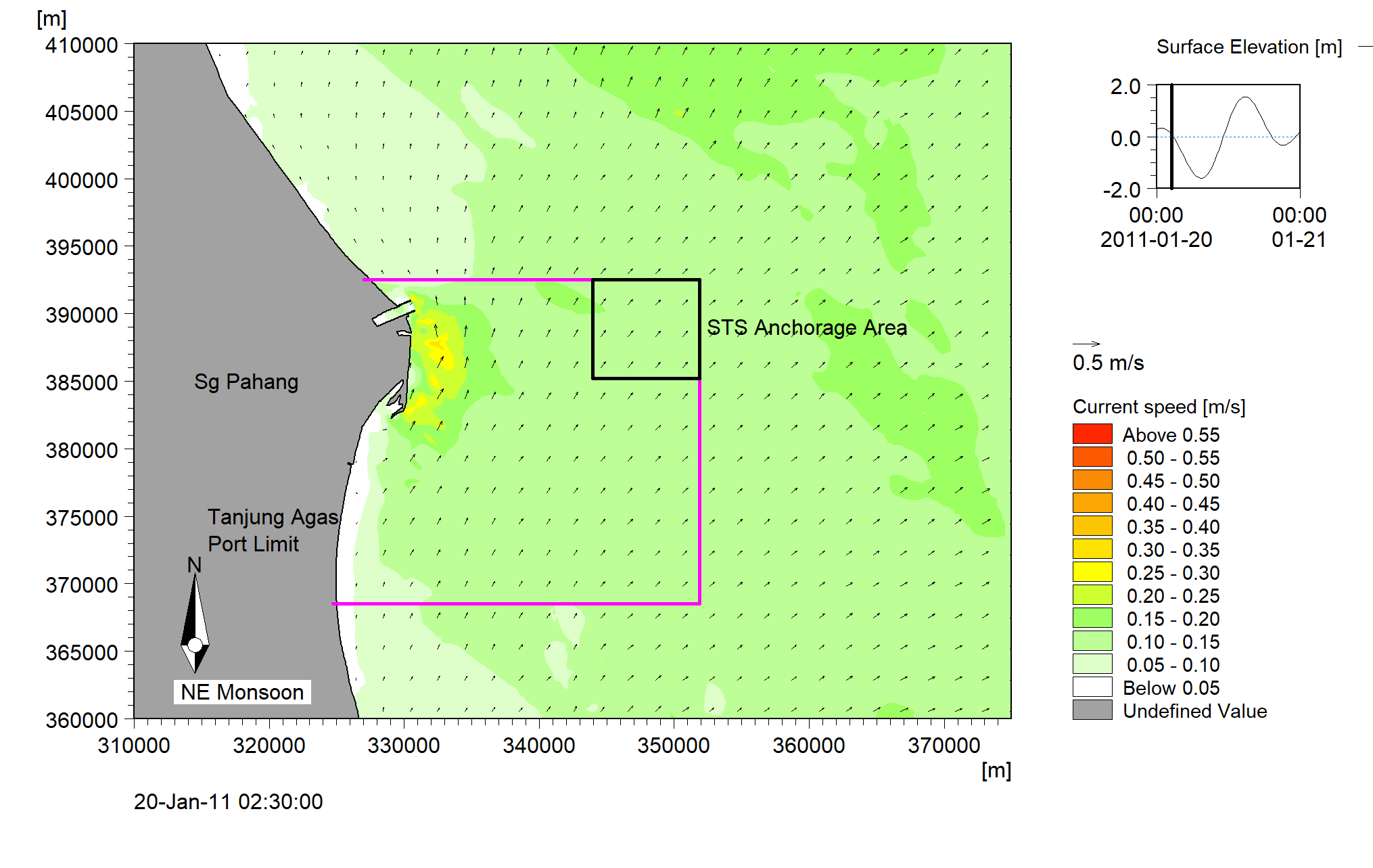 Figure 5.6_02 Tanjung Agas Snapshot of predicted current flow conditions during SW monsoon